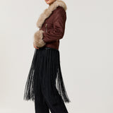Brown Faux Fur Trim Biker Jacket