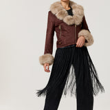 Brown Faux Fur Trim Biker Jacket
