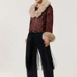Brown Faux Fur Trim Biker Jacket