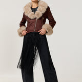 Brown Faux Fur Trim Biker Jacket
