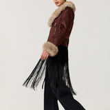 Brown Faux Fur Trim Biker Jacket