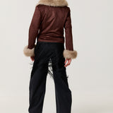 Brown Faux Fur Trim Biker Jacket