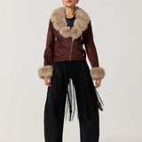 Brown Faux Fur Trim Biker Jacket