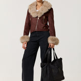 Brown Faux Fur Trim Biker Jacket