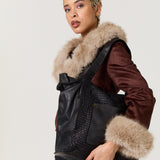 Brown Faux Fur Trim Biker Jacket
