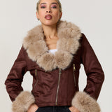 Brown Faux Fur Trim Biker Jacket