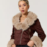 Brown Faux Fur Trim Biker Jacket