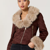 Brown Faux Fur Trim Biker Jacket