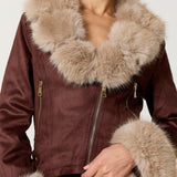 Brown Faux Fur Trim Biker Jacket