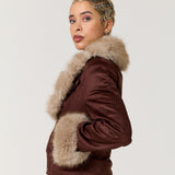 Brown Faux Fur Trim Biker Jacket