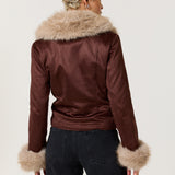 Brown Faux Fur Trim Biker Jacket