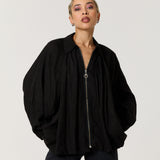 Black Linen Batwing Zip Jacket