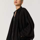 Black Linen Batwing Zip Jacket