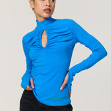 Blue Ruched Keyhole Long Sleeve Top