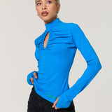 Blue Ruched Keyhole Long Sleeve Top