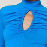 Blue Ruched Keyhole Long Sleeve Top