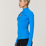 Blue Ruched Keyhole Long Sleeve Top