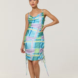 Blue Check Ruched Satin Midi Dress