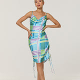 Blue Check Ruched Satin Midi Dress