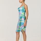 Blue Check Ruched Satin Midi Dress