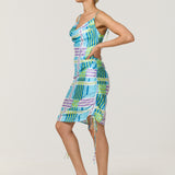 Blue Check Ruched Satin Midi Dress