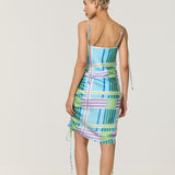 Blue Check Ruched Satin Midi Dress