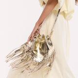 Gold Metallic Fringe Bucket Bag