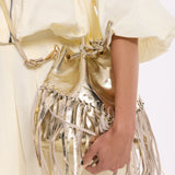 Gold Metallic Fringe Bucket Bag