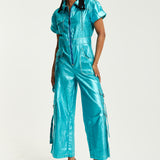 House Of Holland Metallic Utility Jumpsuit In Turquoise