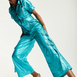 House Of Holland Metallic Utility Jumpsuit In Turquoise