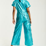 House Of Holland Metallic Utility Jumpsuit In Turquoise