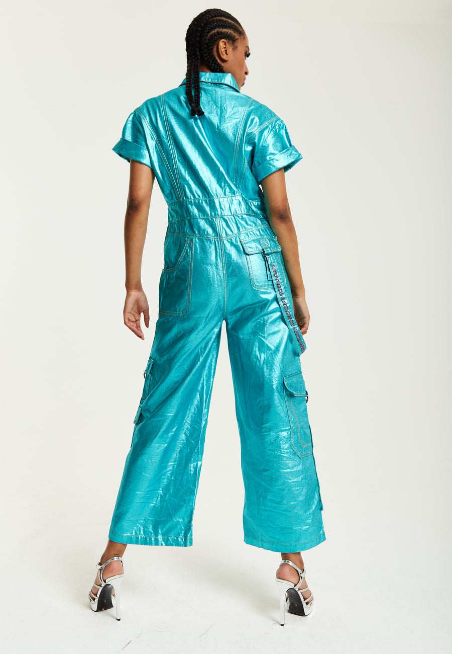 House Of Holland Metallic Utility Jumpsuit In Turquoise