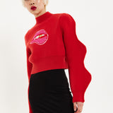 House Of Holland Lip Embroidery Wave Sleeve Jumper In Red