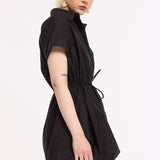 Black Drawstring Waist Cotton Mini Dress