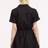 Black Drawstring Waist Cotton Mini Dress