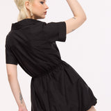 Black Drawstring Waist Cotton Mini Dress