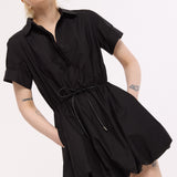 Black Drawstring Waist Cotton Mini Dress