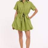 Green Drawstring Waist Cotton Mini Dress