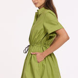 Green Drawstring Waist Cotton Mini Dress