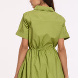 Green Drawstring Waist Cotton Mini Dress