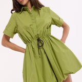 Green Drawstring Waist Cotton Mini Dress