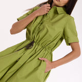 Green Drawstring Waist Cotton Mini Dress