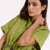 Green Drawstring Waist Cotton Mini Dress