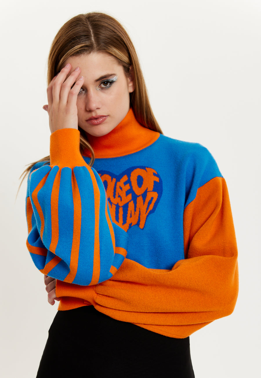 House Of Holland Melting Heart Logo Jumper In Blue And Orange