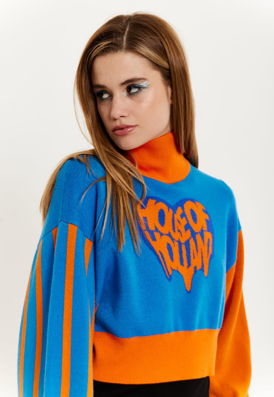 House Of Holland Melting Heart Logo Jumper In Blue And Orange