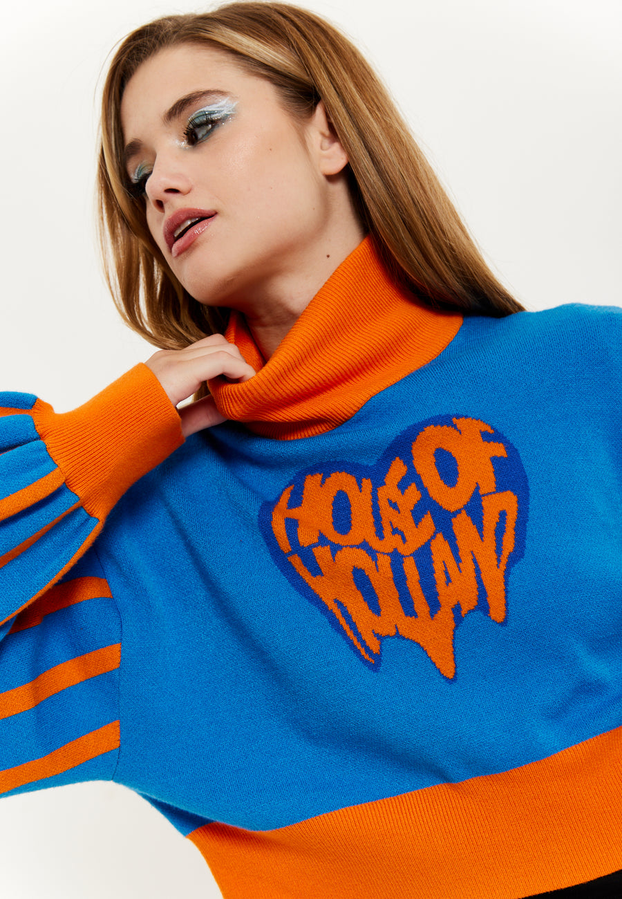 House Of Holland Melting Heart Logo Jumper In Blue And Orange