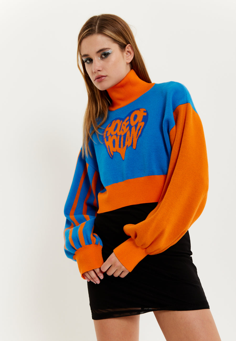 House Of Holland Melting Heart Logo Jumper In Blue And Orange