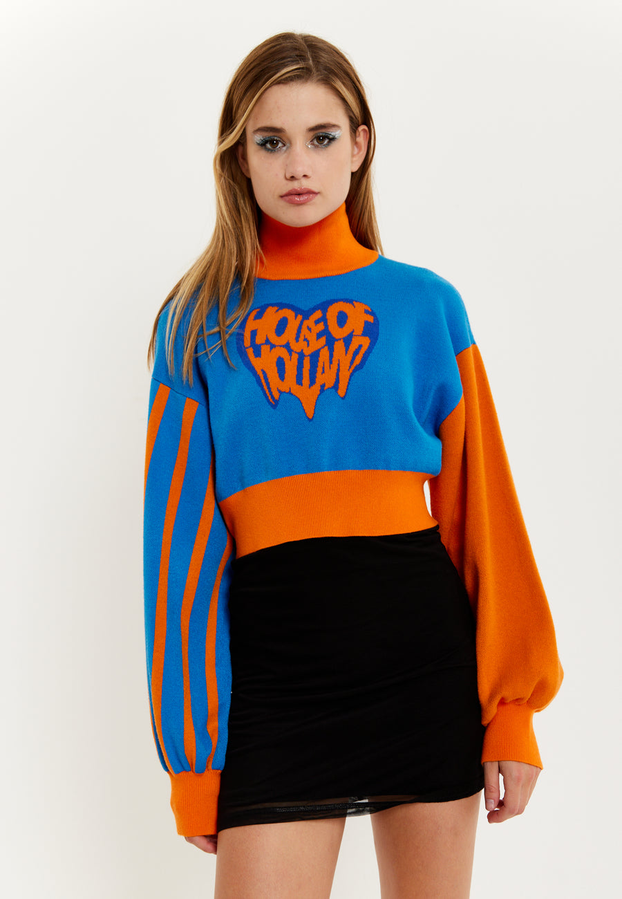 House Of Holland Melting Heart Logo Jumper In Blue And Orange