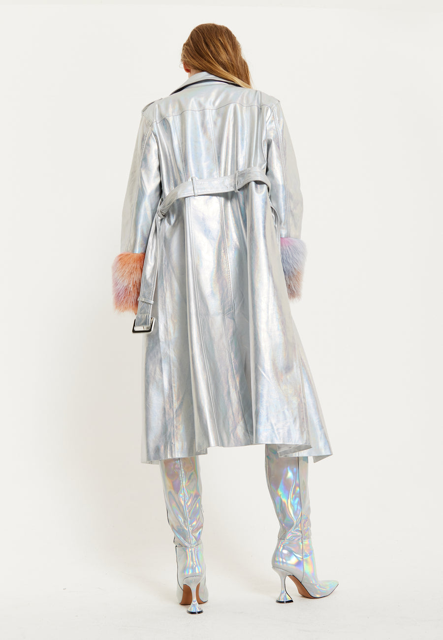 House Of Holland Fur Cuff Iridescent Trench Coat