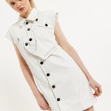 House of Holland Off-White Rocker Faux Leather Twist Button-Down Dress